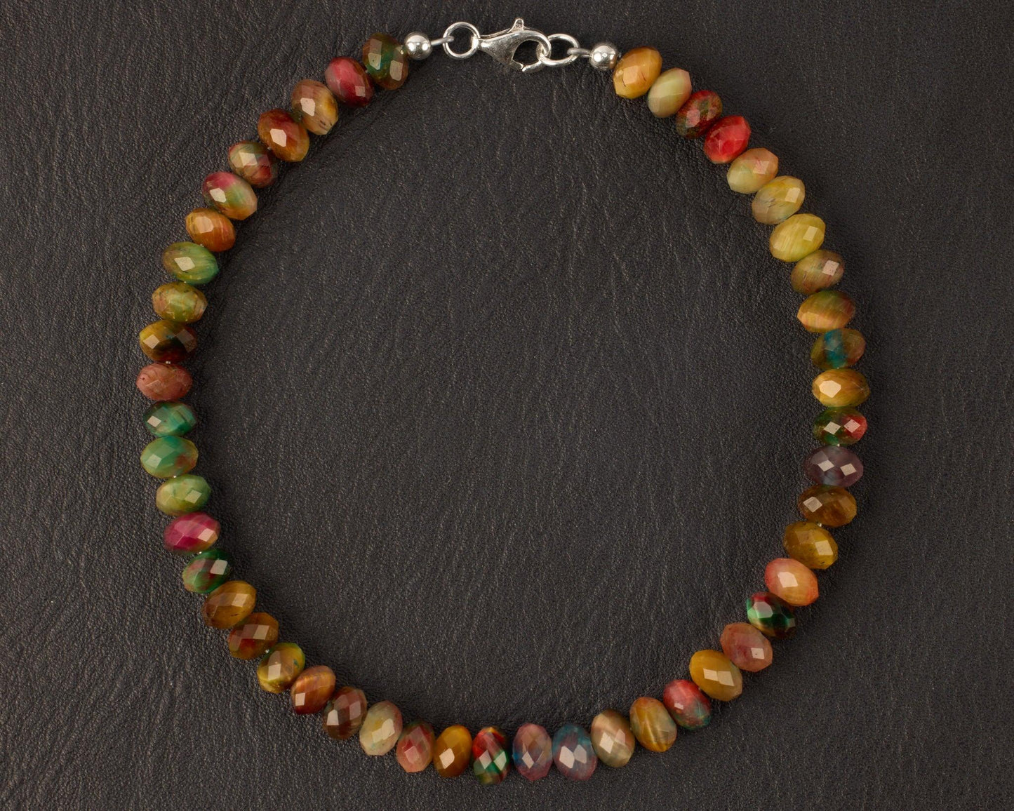 Bead Bracelet - Natural Multi-Color Tigers Eye - 925 Silver Hardware - 8 1/2" - Beaunique Boutique