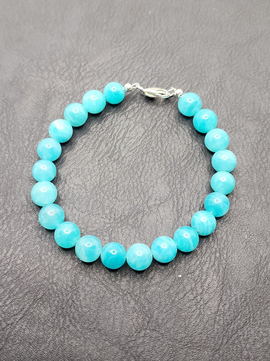 Bead Bracelet - Natural Amazonite- 925 Silver Hardware - 7 1/2" - A1 - Beaunique Boutique