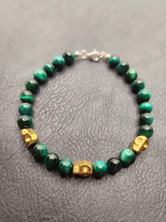 Bead Bracelet - Natural Green Tigers Eye - 925 Silver Hardware - 7" - T3 - Beaunique Boutique