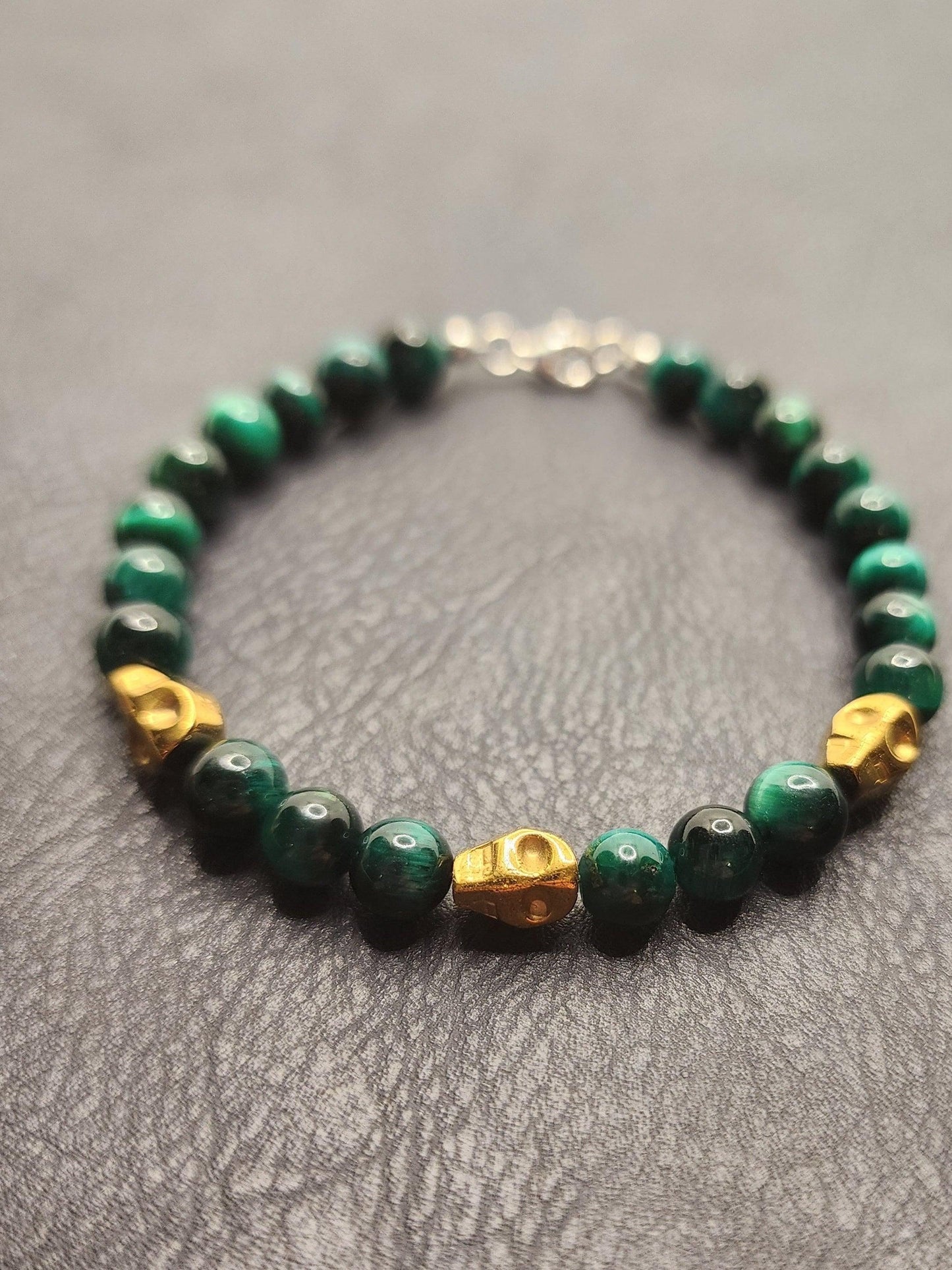Bead Bracelet - Natural Green Tigers Eye - 925 Silver Hardware - 7" - T3 - Beaunique Boutique