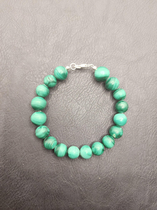 Bead Bracelet - Natural Malachite- 925 Silver Hardware - 7 1/2" - M1 - Beaunique Boutique