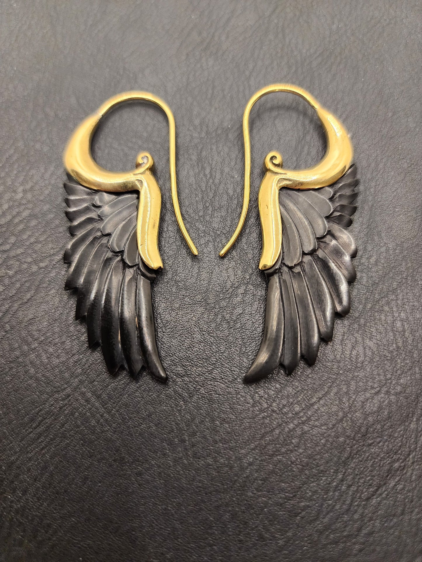 Natural Bone Earrings - Bullhorn and Brass - Carved Feather - BE1