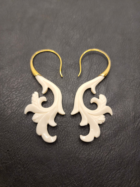 Natural Bone Earrings - Cow Bone and Brass - Hand Carved - BE2