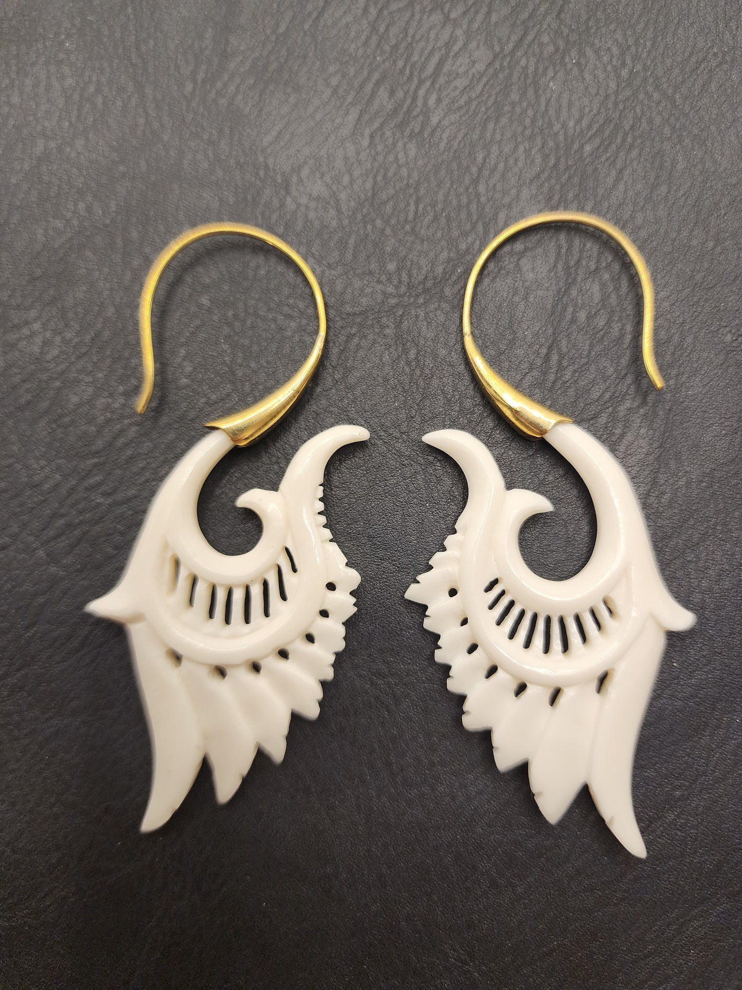 Natural Bone Earrings - Cow Bone and Brass - Hand Carved - BE4