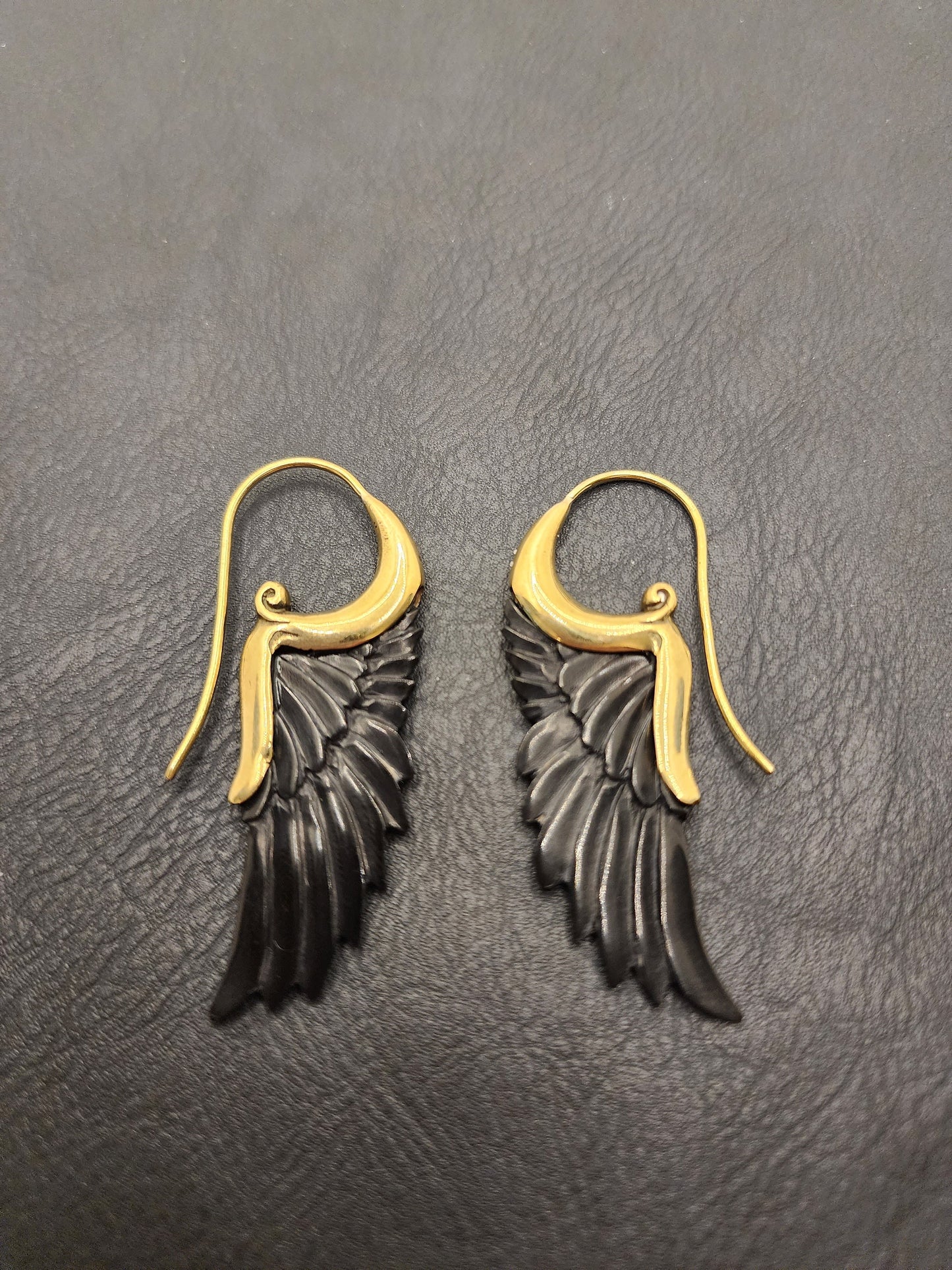 Natural Bone Earrings - Bullhorn and Brass - Carved Feather - BE1