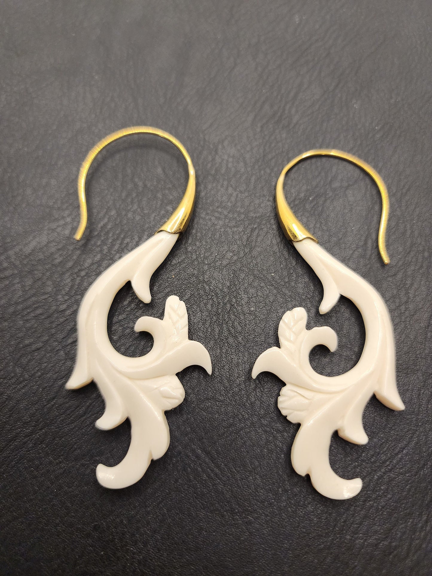 Natural Bone Earrings - Cow Bone and Brass - Hand Carved - BE2