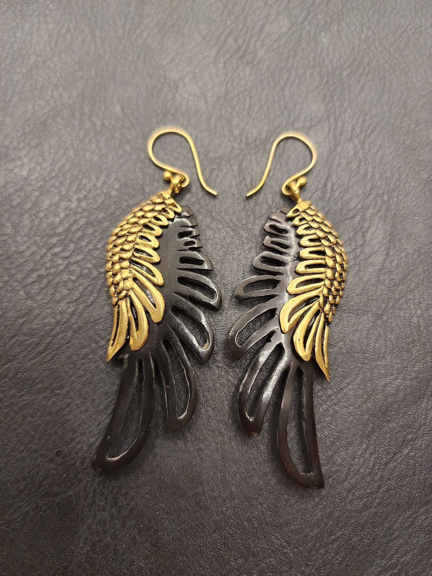 Natural Bone Earrings - Bullhorn and Brass - Carved Wings - BE3