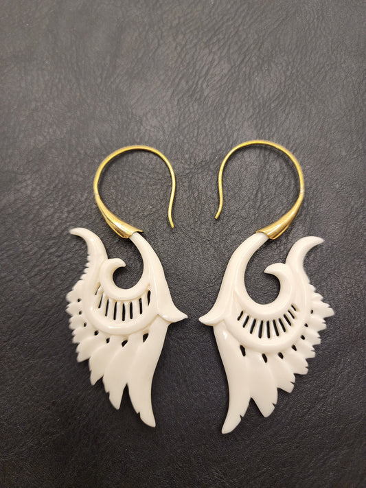 Natural Bone Earrings - Cow Bone and Brass - Hand Carved - BE4
