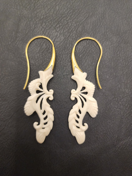 Natural Bone Earrings - Cow Bone and Brass - Hand Carved - BE9