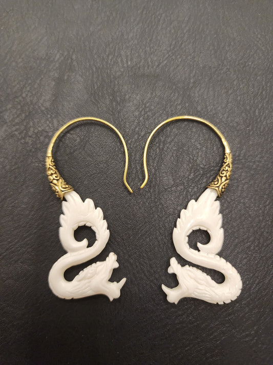 Natural Bone Earrings - Cow Bone and Brass - Hand Carved - BE11